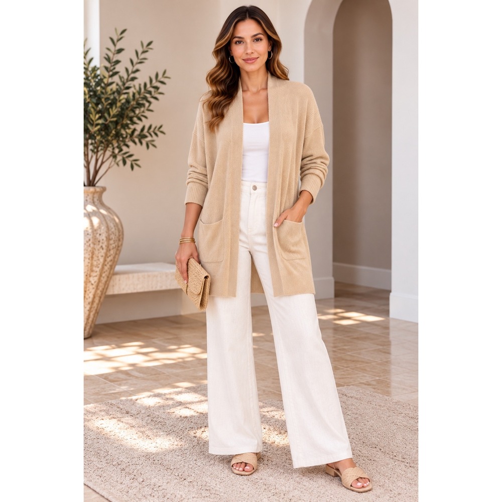 Eileen Fisher Tan Organic Cotton Tencel Cardigan Minimalist Quiet Luxury M